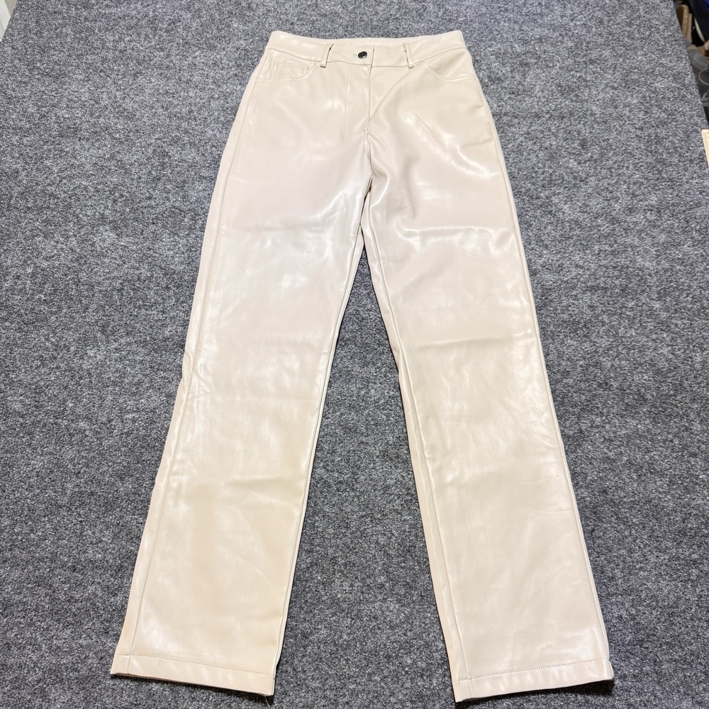 ILLA ILLA Faux Leather Pants Womens S Cream High Rise Straight Leg IM6322 Chic